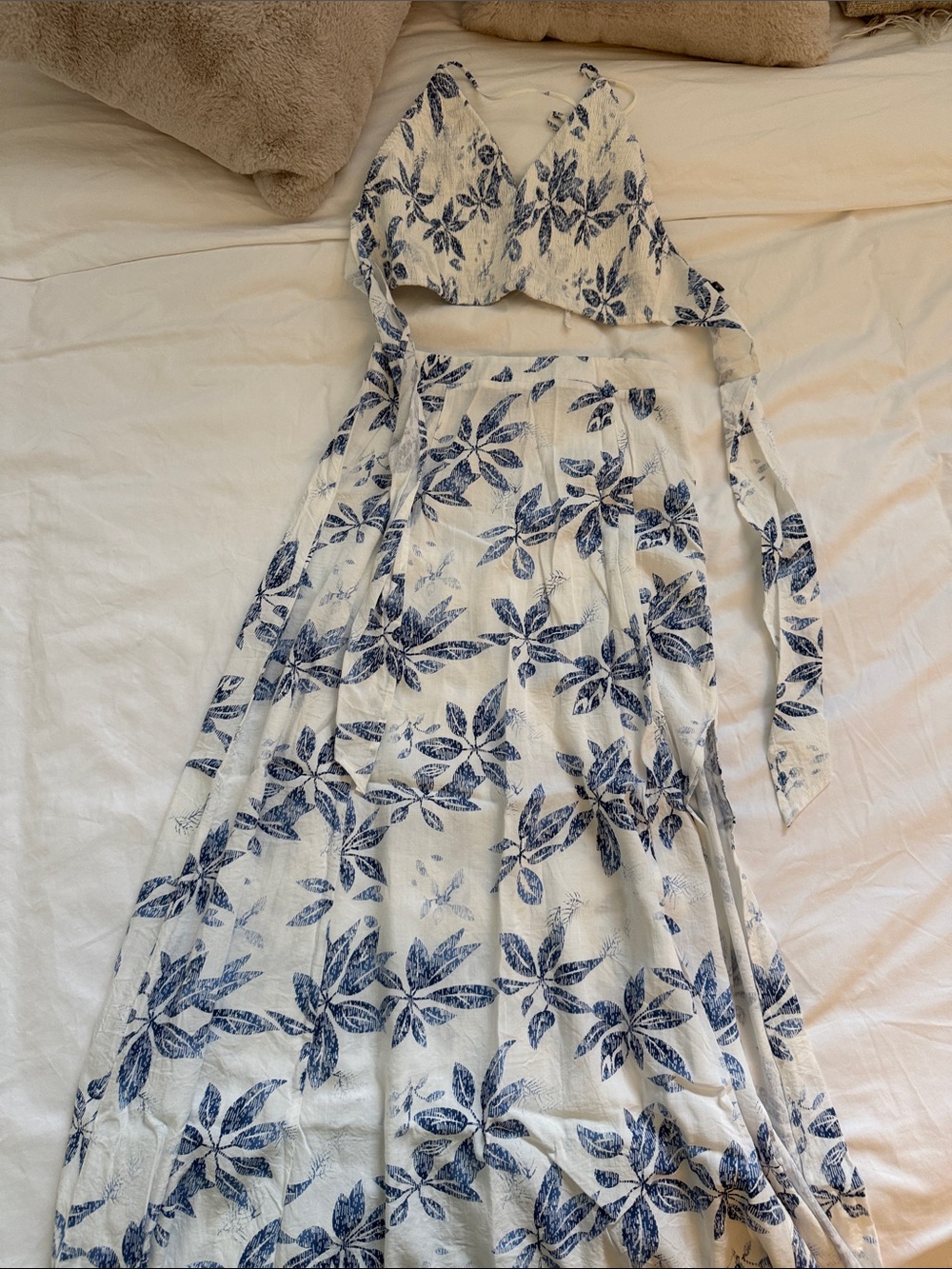 Aakaa White Maxi Two-Piece Dress with Navy Floral Print